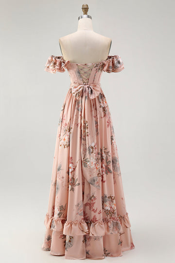 Blush Floral Corset A Line Ruffled Long Bridesmaid Dress